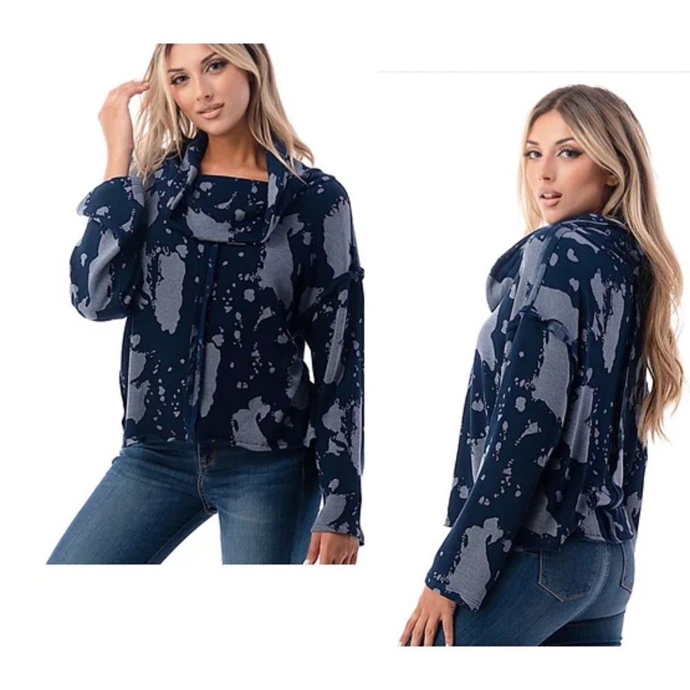 Ariella Navy Splatter Long Sleeve Cowl Neck Sweater S